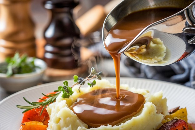 Add flavor to gravy with rich, brown sauce poured over mashed potatoes and vegetables with fresh herbs.