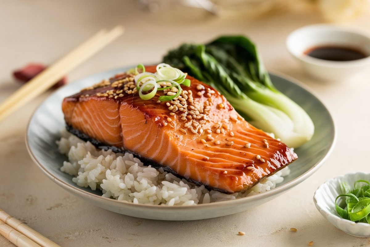 Caramelized miso-glazed salmon fillet on rice with green onions and sesame seeds, served with steamed vegetables and soy sauce.