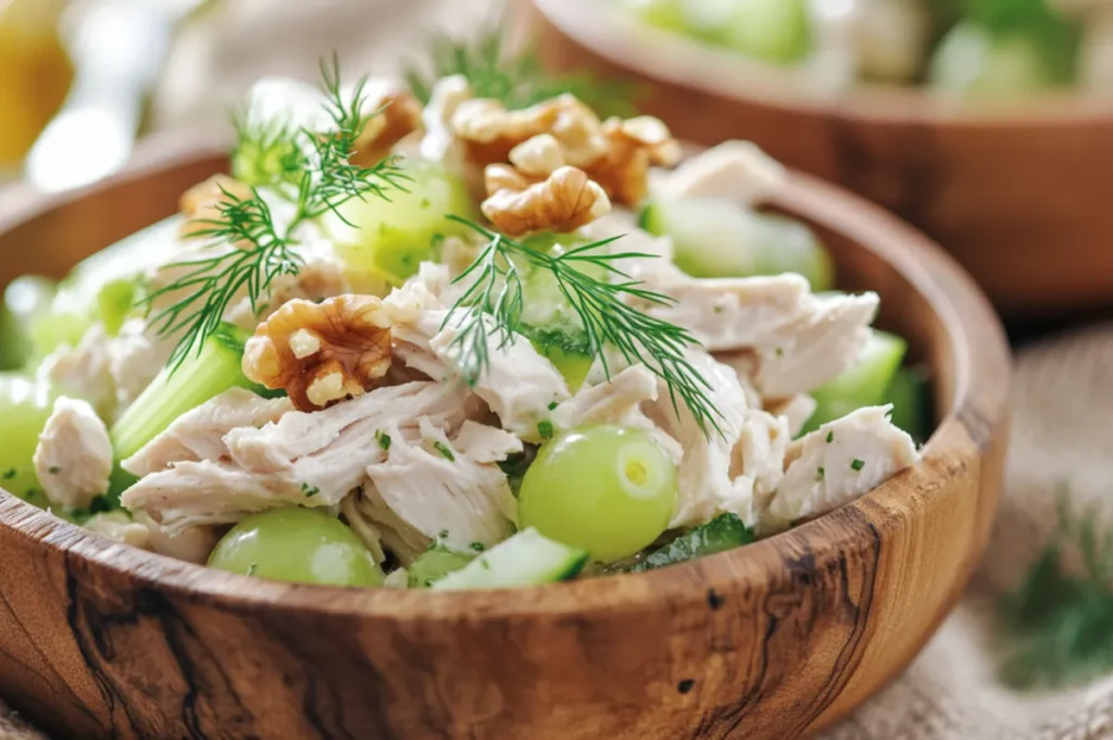 Easy chicken salad with shredded chicken, celery, grapes, and walnuts in a creamy dressing.