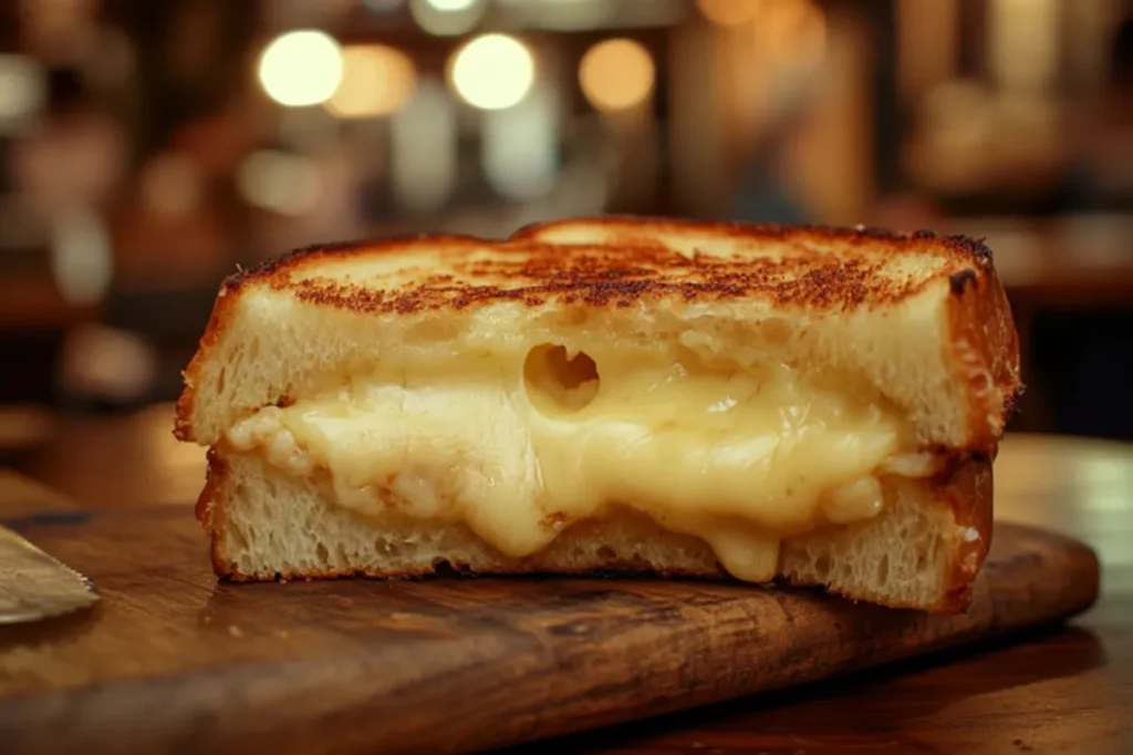 Golden grilled cheese sandwich with melted cheese, cut in half and served on a rustic wooden board.