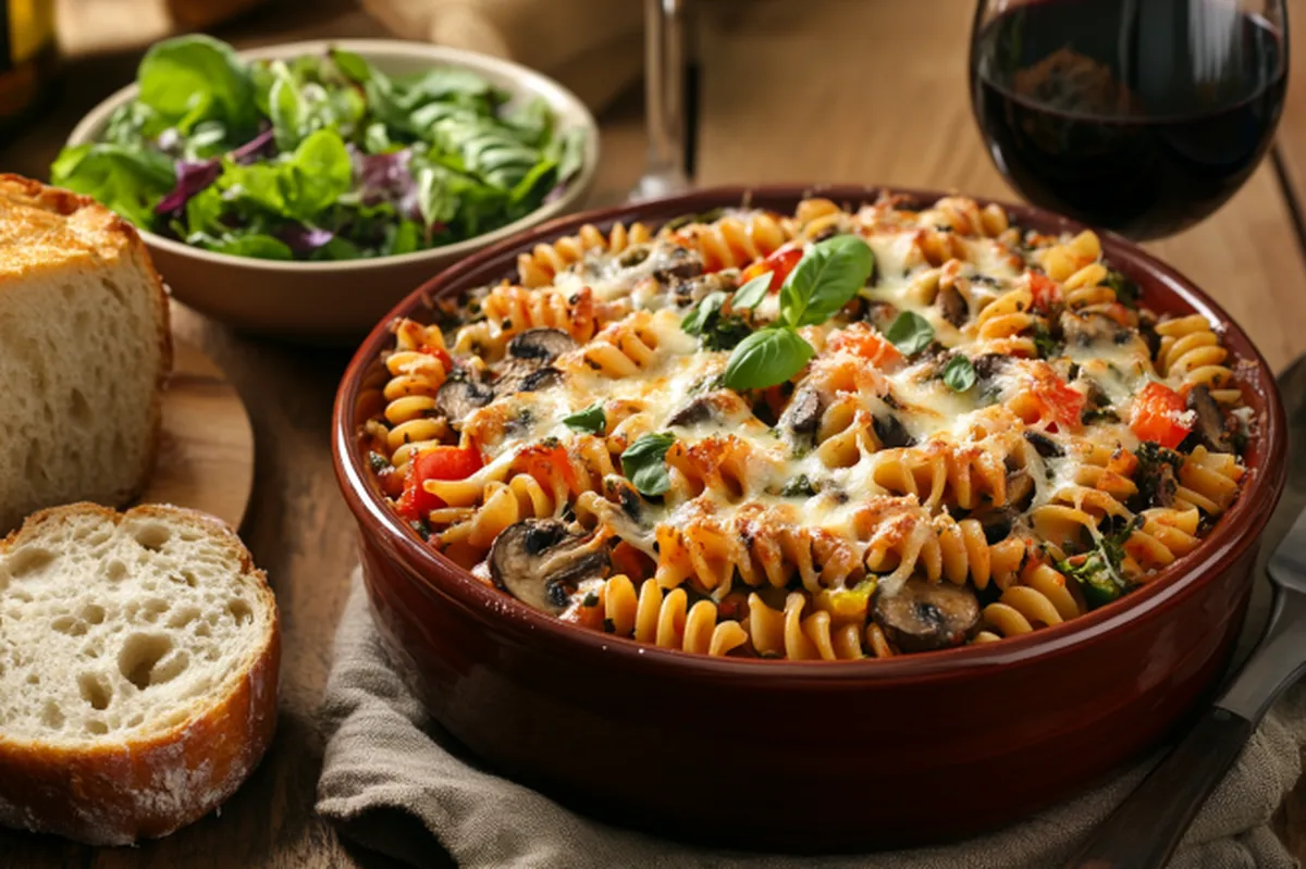 A baked cavatini pasta casserole topped with golden-brown mozzarella cheese, colorful vegetables, and fresh basil in a rustic ceramic dish.