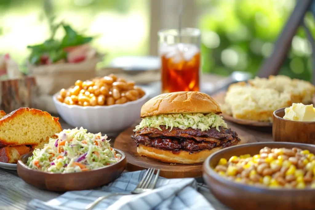 Juicy brisket sandwich surrounded by coleslaw, potato salad, baked beans, and cornbread on a rustic table.