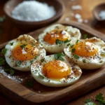 Halved jammy eggs with firm whites and creamy golden yolks, garnished with salt, pepper, and parsley on a rustic wooden plate.