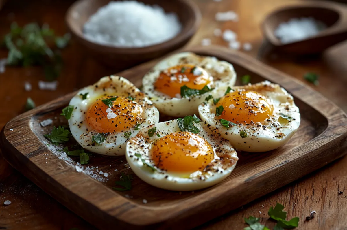 Halved jammy eggs with firm whites and creamy golden yolks, garnished with salt, pepper, and parsley on a rustic wooden plate.