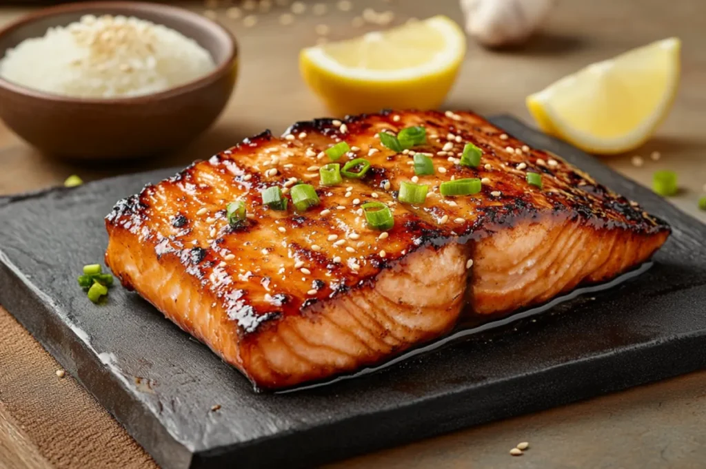 Glazed miso salmon fillet garnished with green onions and sesame seeds on a plate.