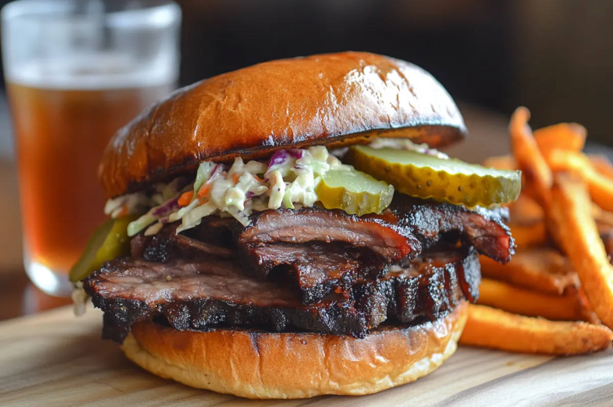 Close-up of a brisket sandwich with smoky brisket slices, coleslaw, pickles, and barbecue sauce on a toasted brioche bun, surrounded by baked beans and sweet potato fries.