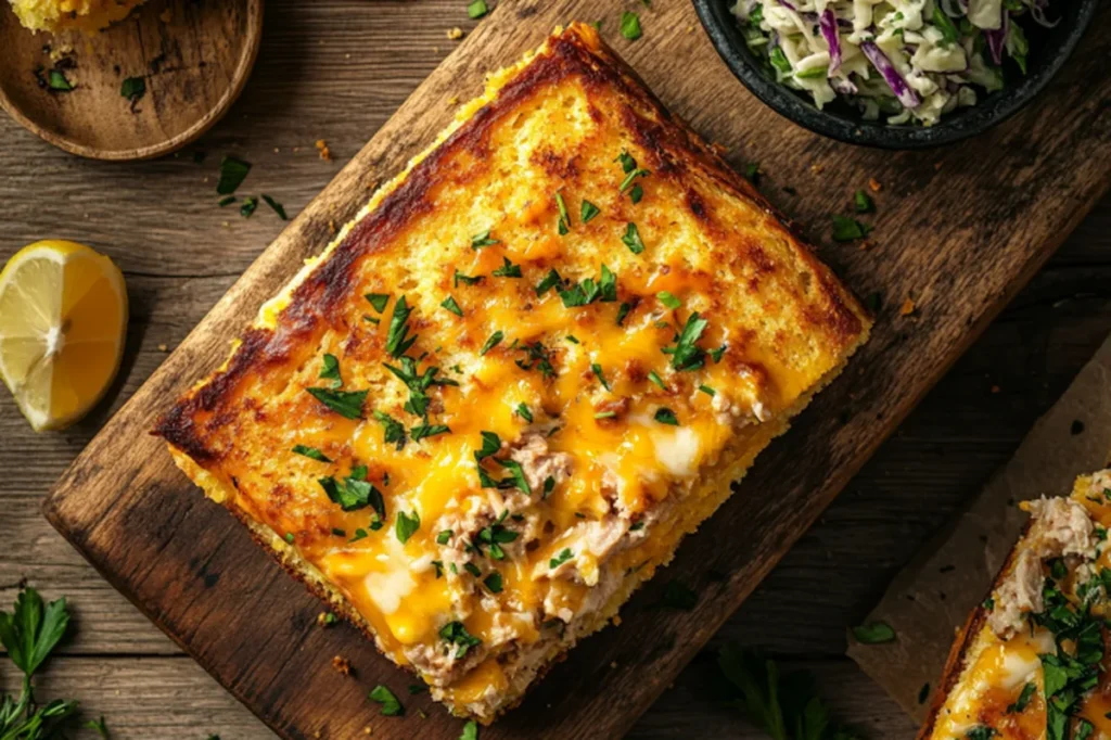 Top-down view of a golden tuna melt on cornbread with melted cheddar cheese and savory tuna filling, served with coleslaw and fresh herbs.