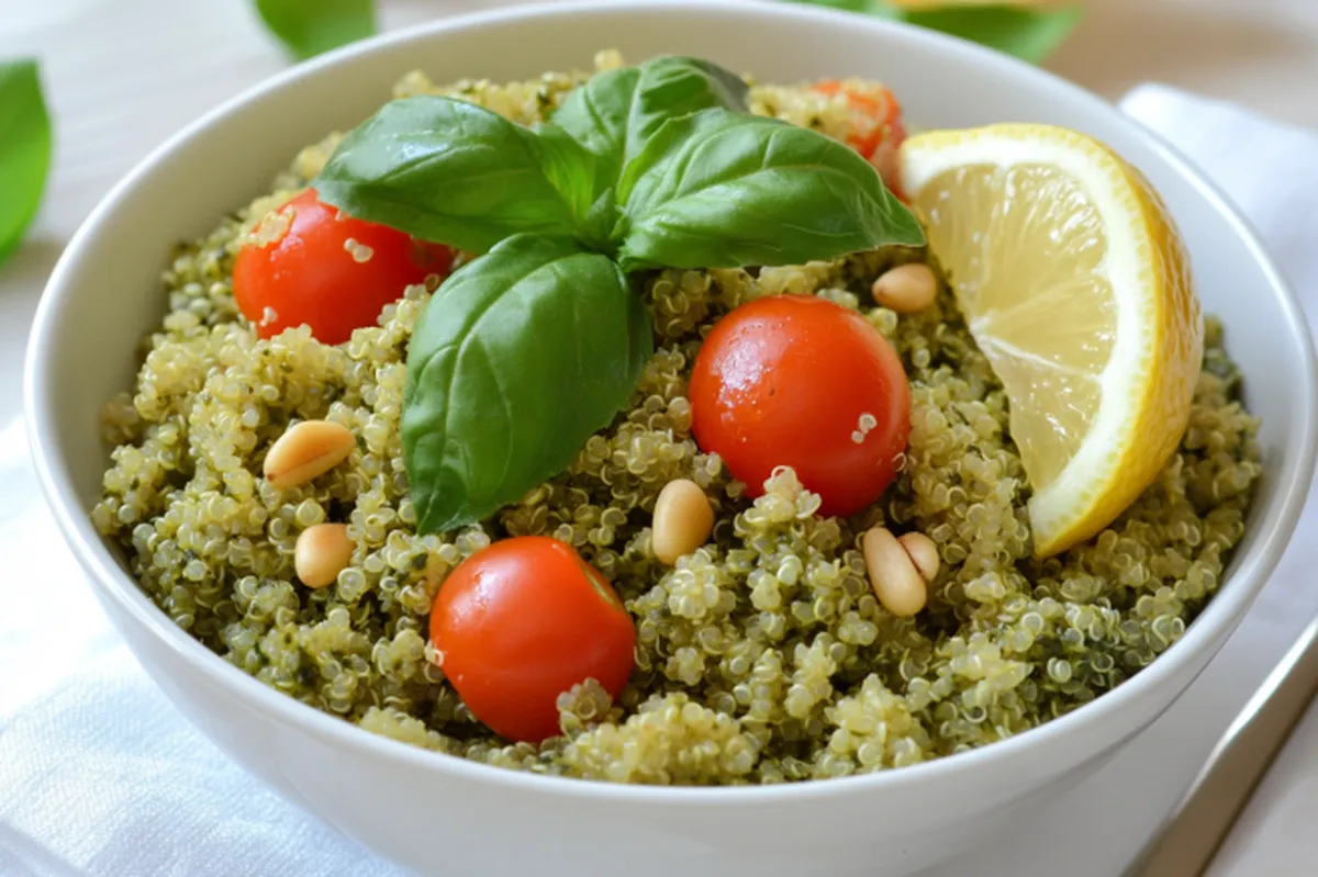 Bright and colorful pesto quinoa salad in a white bowl, garnished with cherry tomatoes, fresh basil leaves, and toasted pine nuts, with a lemon slice on the side.