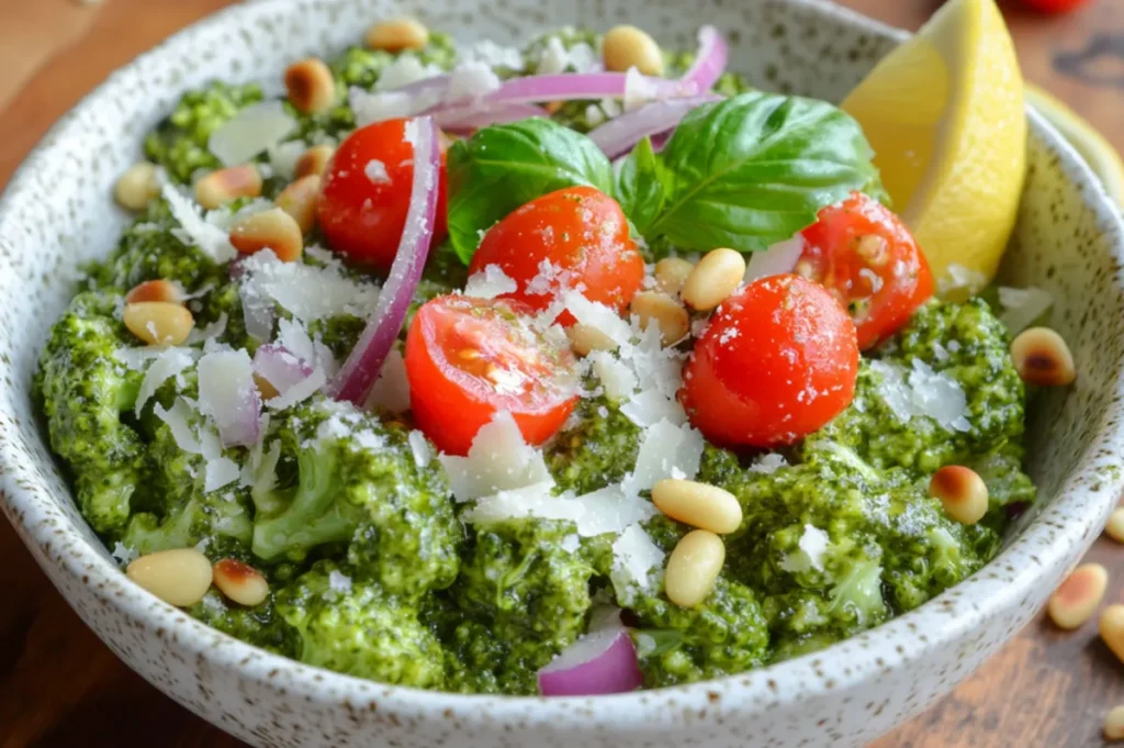 Vibrant pesto broccoli salad with fresh broccoli, basil pesto, cherry tomatoes, red onions, pine nuts, and Parmesan cheese in a white bowl.