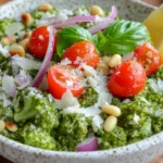 Vibrant pesto broccoli salad with fresh broccoli, basil pesto, cherry tomatoes, red onions, pine nuts, and Parmesan cheese in a white bowl.