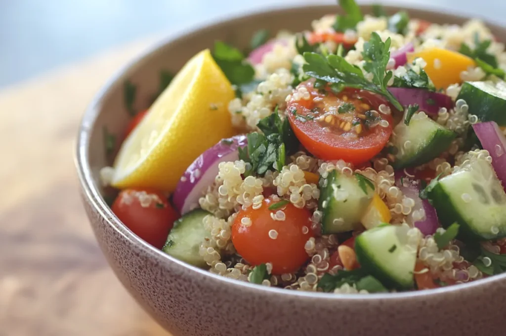 Colorful quinoa salad in a rustic bowl with cherry tomatoes, cucumbers, red onions, and fresh herbs, garnished with toasted nuts and a lemon wedge.