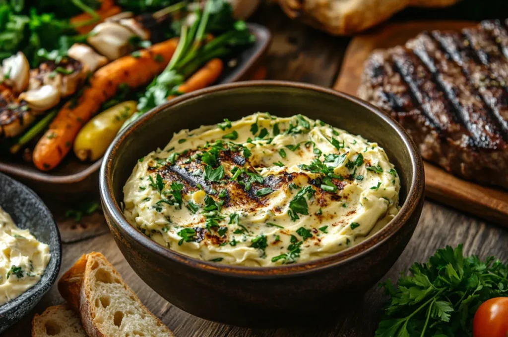 Rustic bowl of cowboy butter infused with fresh herbs, garlic, and spices surrounded by grilled steaks, roasted vegetables, and fresh bread.