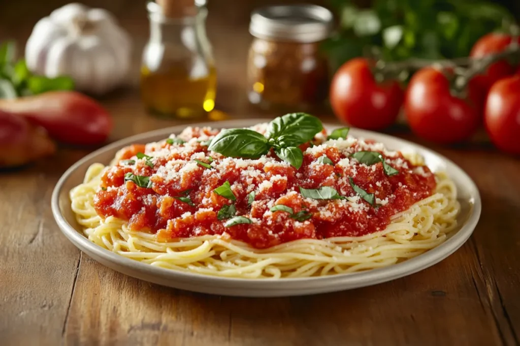 Plate of ditalini pasta with tomato sauce, fresh basil, and Parmesan cheese on a rustic wooden table