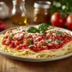 Plate of ditalini pasta with tomato sauce, fresh basil, and Parmesan cheese on a rustic wooden table