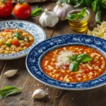 Comparison of Ditali and Ditalini pasta, served with tomato sauce and minestrone soup on a rustic wooden table.