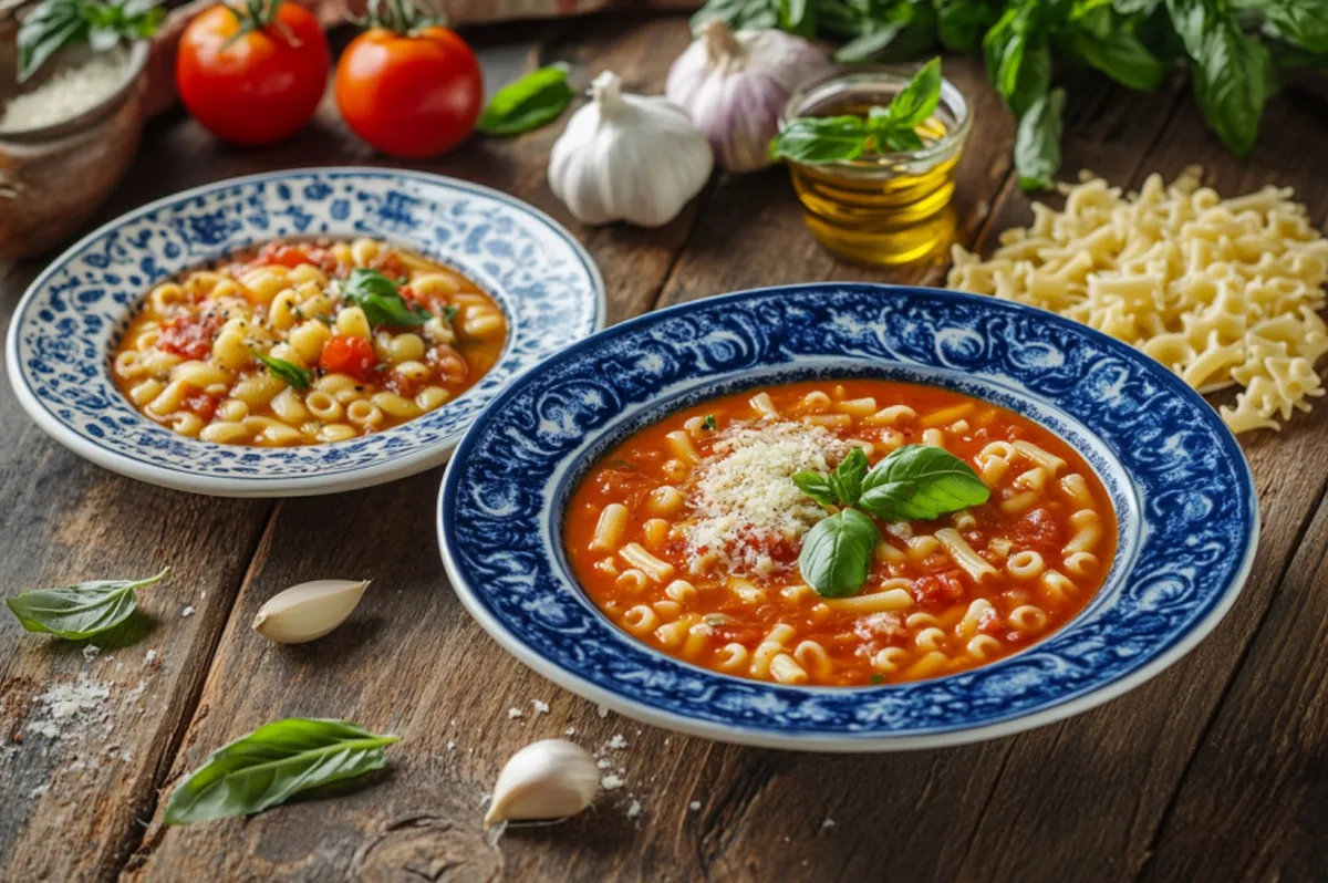 Comparison of Ditali and Ditalini pasta, served with tomato sauce and minestrone soup on a rustic wooden table.