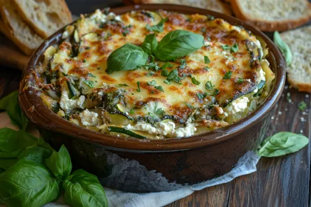 Delicious vegetarian lasagne with golden cheese topping, layered with fresh vegetables and creamy ricotta, garnished with basil leaves.