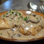 Creamy mushroom chicken with tender chicken breasts in a rich, creamy mushroom sauce, garnished with fresh herbs.