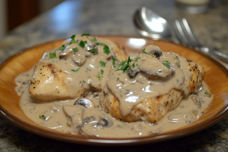 Creamy mushroom chicken with tender chicken breasts in a rich, creamy mushroom sauce, garnished with fresh herbs.