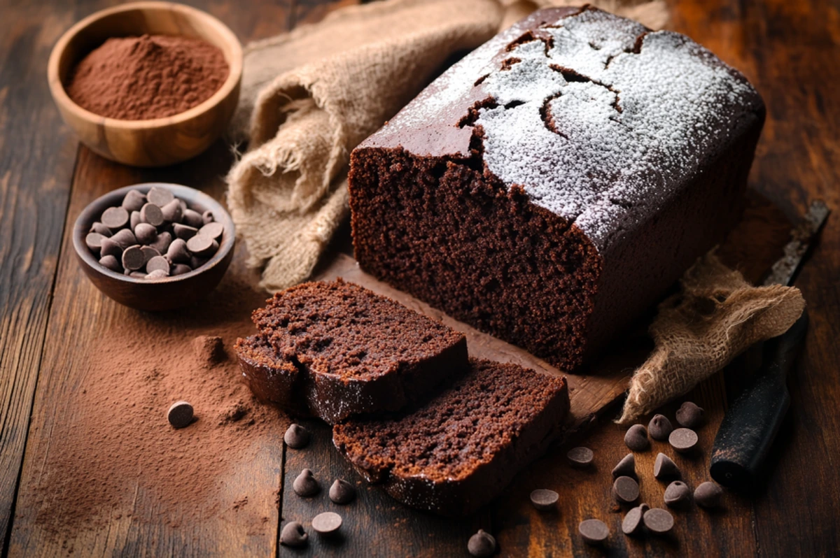 Decadent chocolate pound cake with powdered sugar on top, surrounded by chocolate chips and a small bowl of cocoa powder.